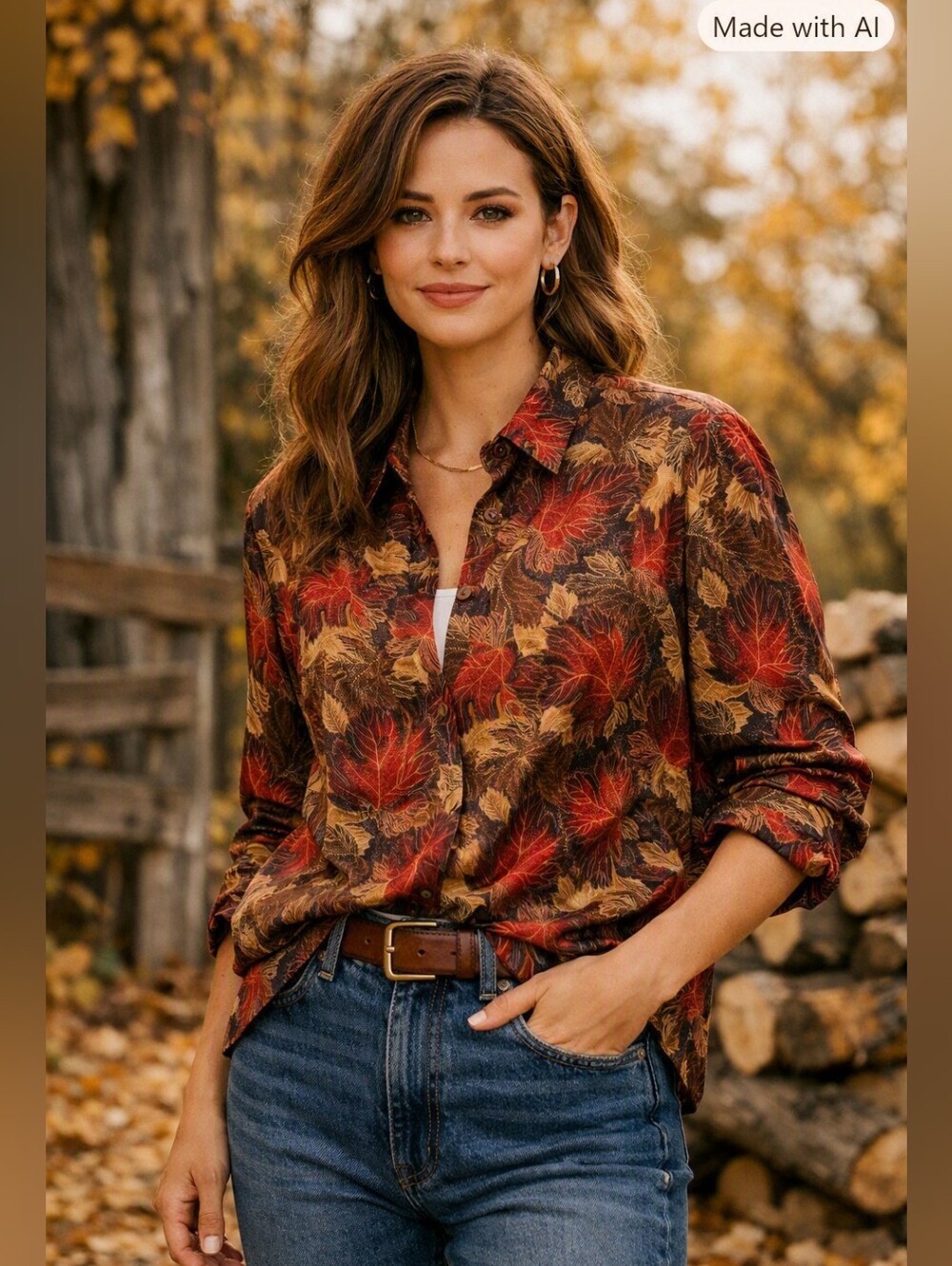Vintage Willow Ridge 100% Silk Autumn Leaf Print Button‑Up Shirt Size PM
